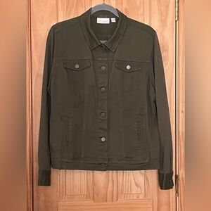 Belle by Kim Gravel Twill Jacket with Knit Back and Sleeves Olive Envy color